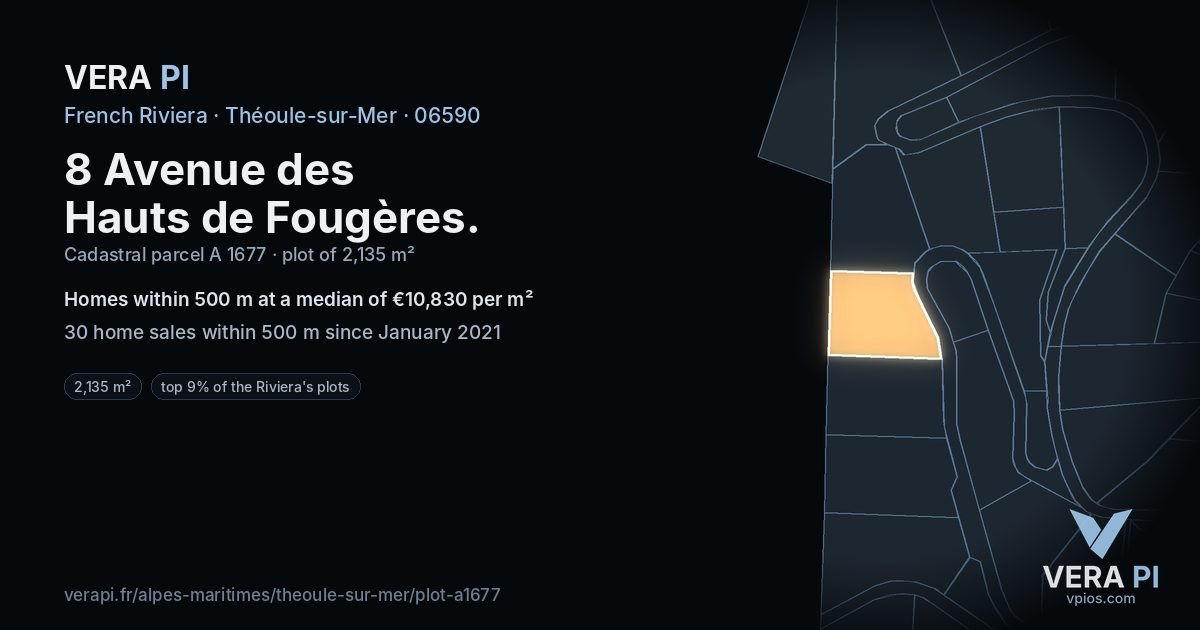 8 Avenue des Hauts de Fougères, Théoule-sur-Mer at night – the plot lit, the parcels around coloured by the prices near them