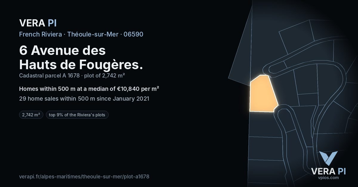 6 Avenue des Hauts de Fougères, Théoule-sur-Mer at night – the plot lit, the parcels around coloured by the prices near them
