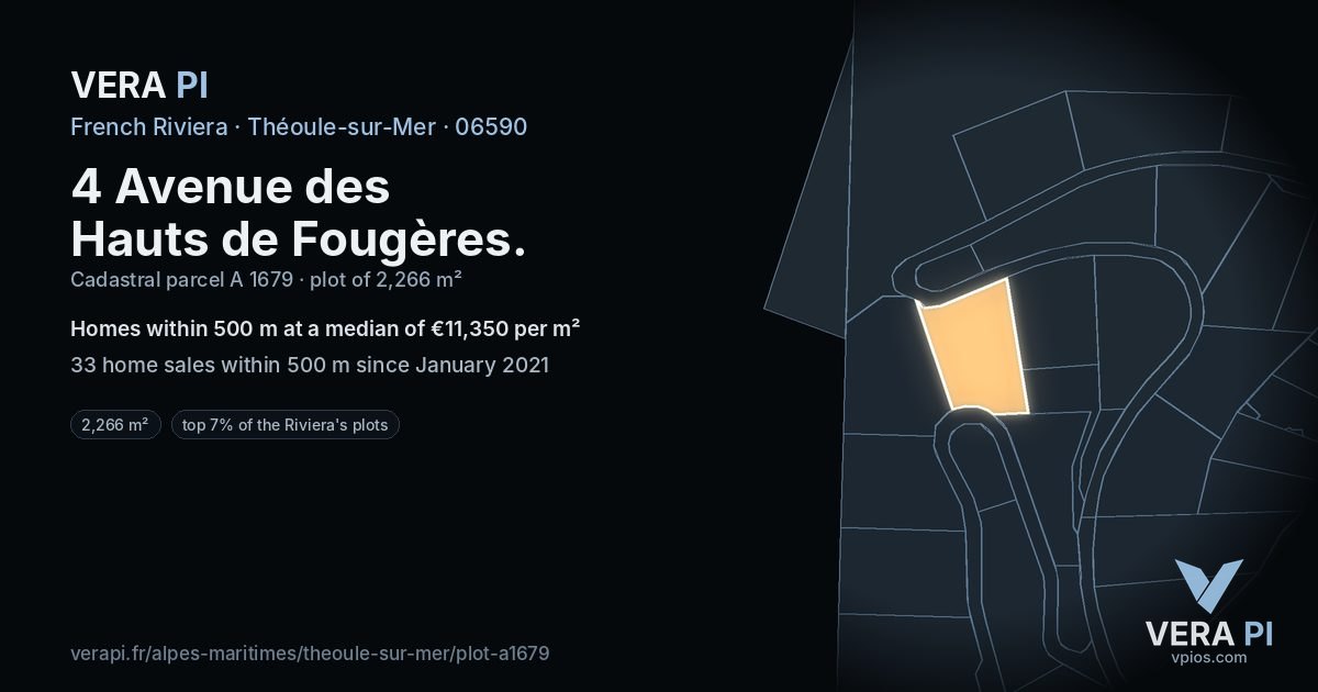 4 Avenue des Hauts de Fougères, Théoule-sur-Mer at night – the plot lit, the parcels around coloured by the prices near them
