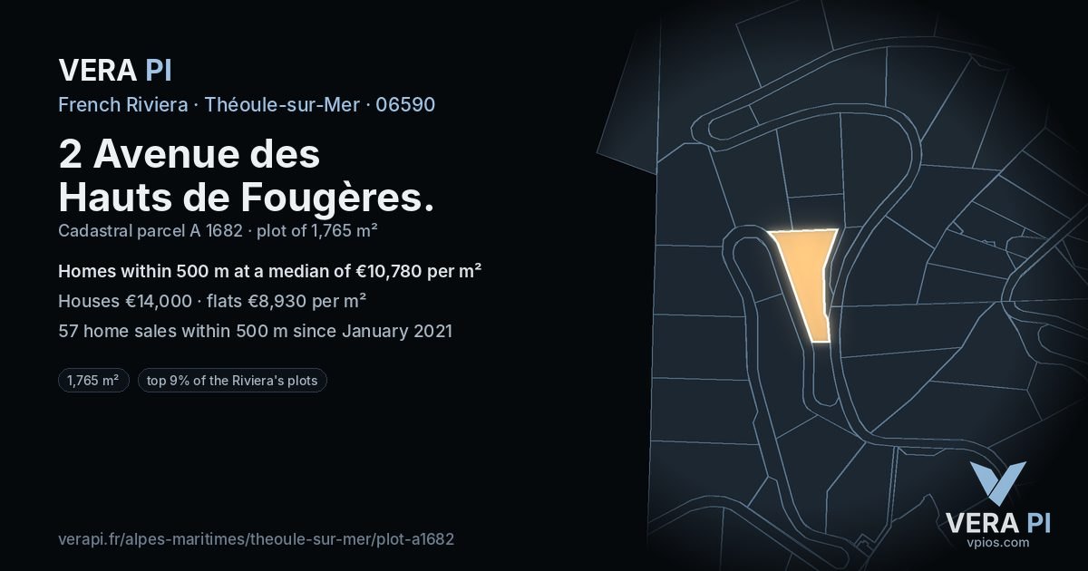 2 Avenue des Hauts de Fougères, Théoule-sur-Mer at night – the plot lit, the parcels around coloured by the prices near them