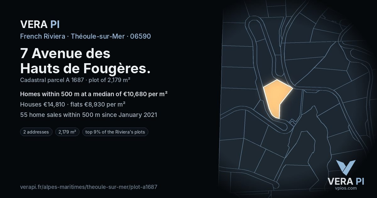 7 Avenue des Hauts de Fougères, Théoule-sur-Mer at night – the plot lit, the parcels around coloured by the prices near them