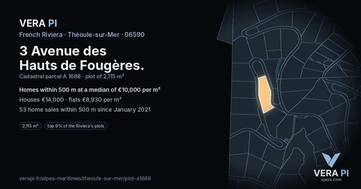 3 Avenue des Hauts de Fougères, Théoule-sur-Mer at night – the plot lit, the parcels around coloured by the prices near them
