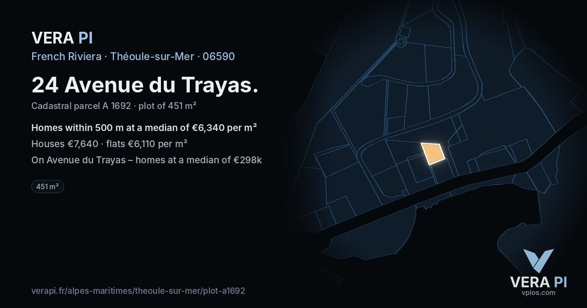 24 Avenue du Trayas, Théoule-sur-Mer at night – the plot lit, the parcels around coloured by the prices near them