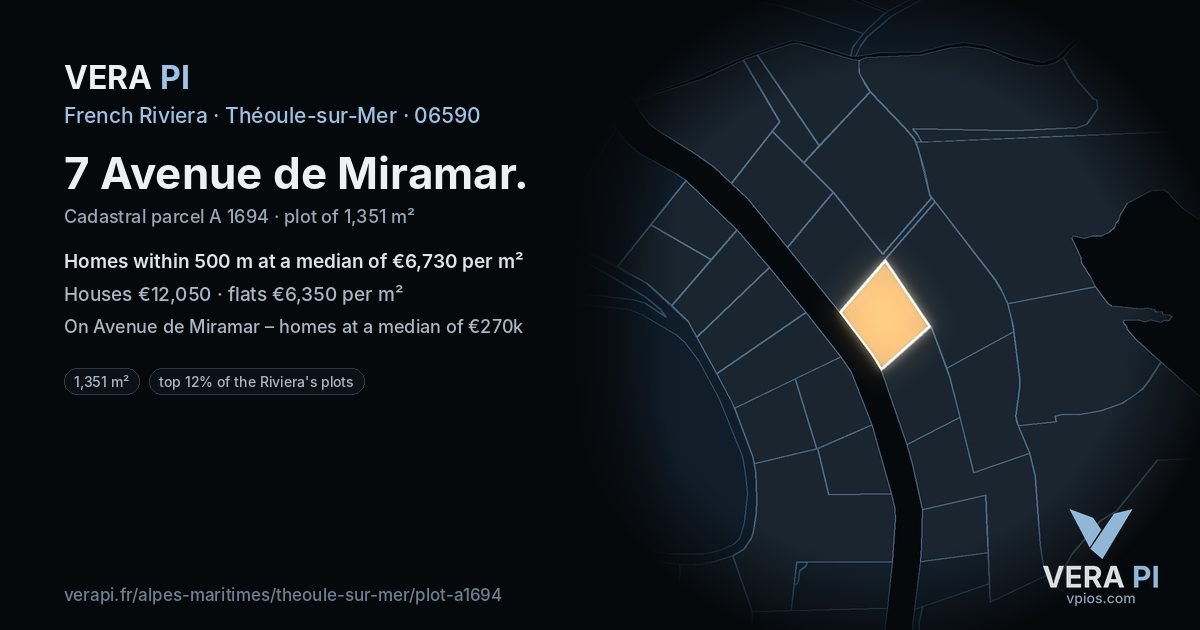 7 Avenue de Miramar, Théoule-sur-Mer at night – the plot lit, the parcels around coloured by the prices near them