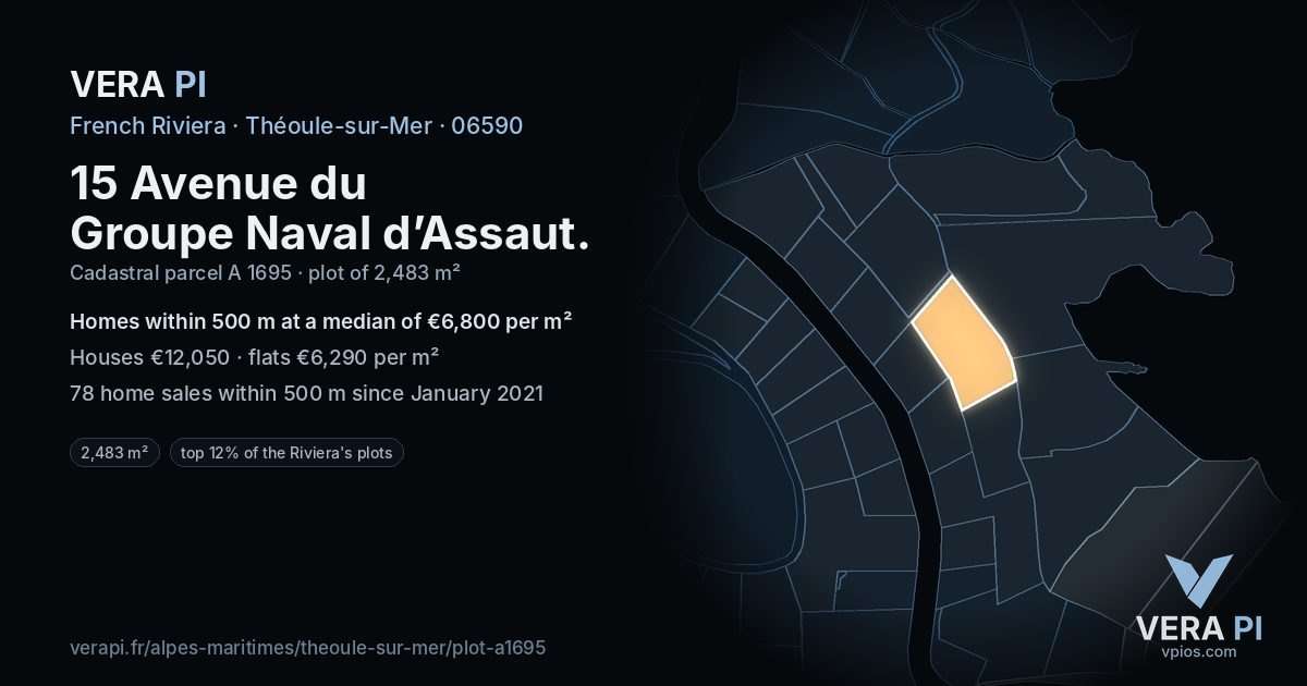 15 Avenue du Groupe Naval d’Assaut, Théoule-sur-Mer at night – the plot lit, the parcels around coloured by the prices near them