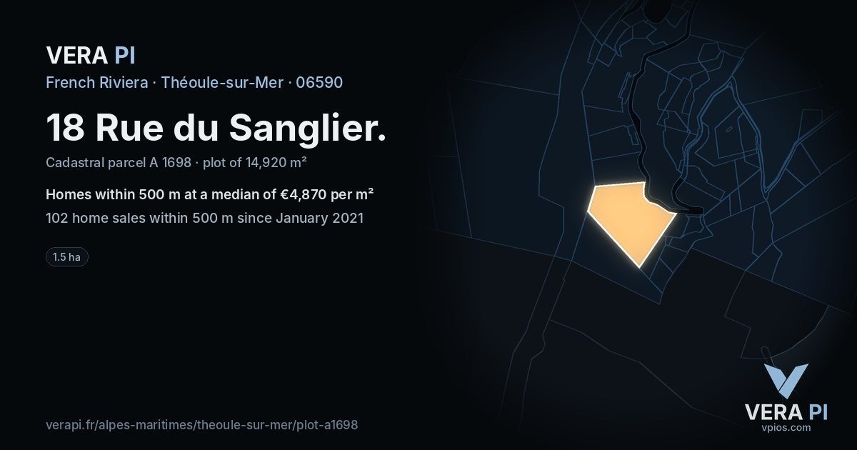 18 Rue du Sanglier, Théoule-sur-Mer at night – the plot lit, the parcels around coloured by the prices near them