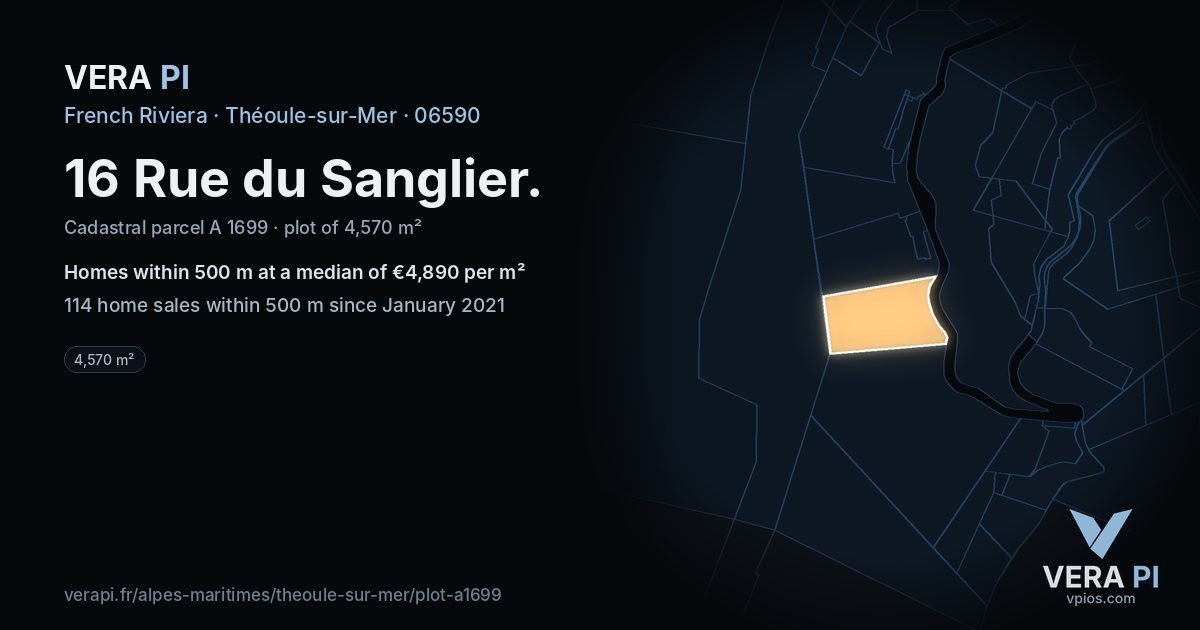 16 Rue du Sanglier, Théoule-sur-Mer at night – the plot lit, the parcels around coloured by the prices near them
