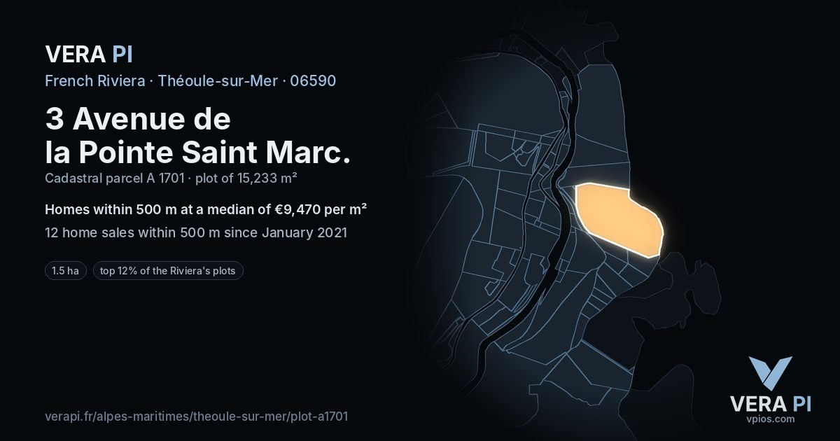 3 Avenue de la Pointe Saint Marc, Théoule-sur-Mer at night – the plot lit, the parcels around coloured by the prices near them
