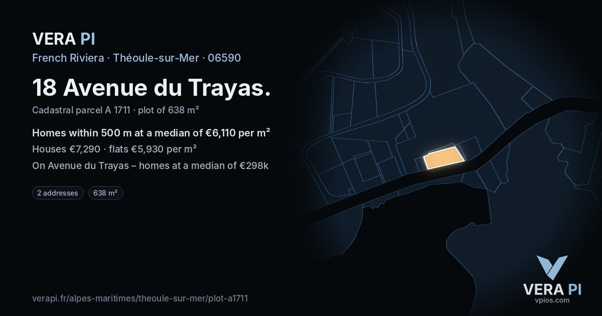 18 Avenue du Trayas, Théoule-sur-Mer at night – the plot lit, the parcels around coloured by the prices near them