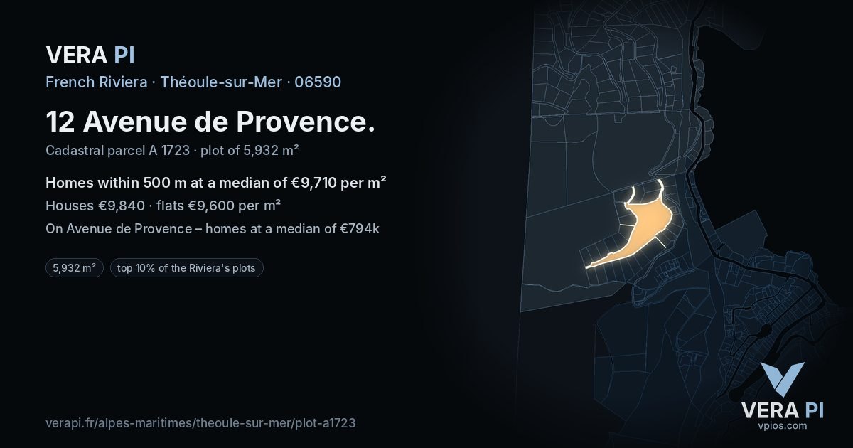 12 Avenue de Provence, Théoule-sur-Mer at night – the plot lit, the parcels around coloured by the prices near them