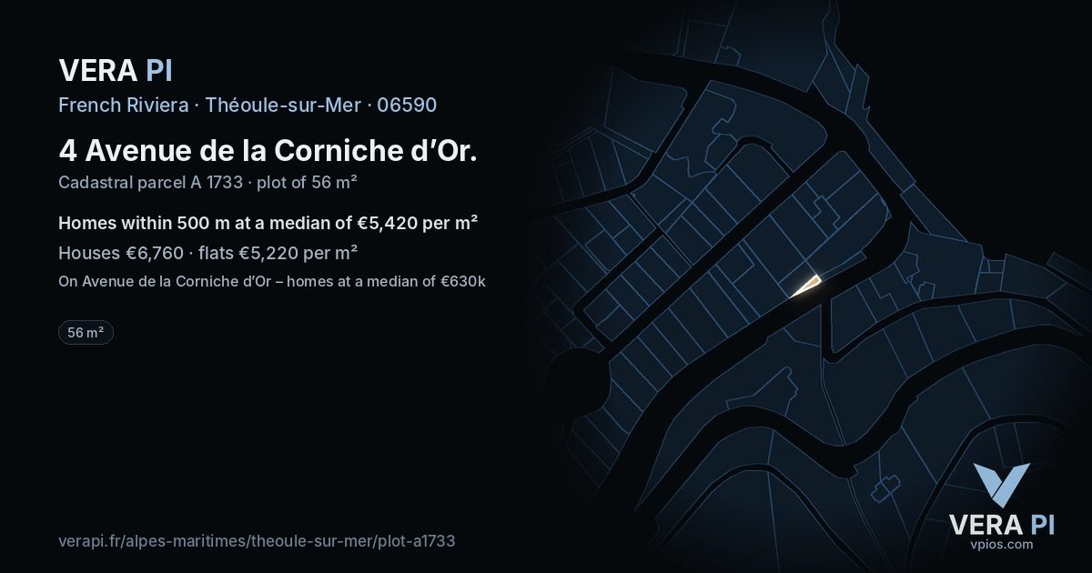 4 Avenue de la Corniche d’Or, Théoule-sur-Mer at night – the plot lit, the parcels around coloured by the prices near them
