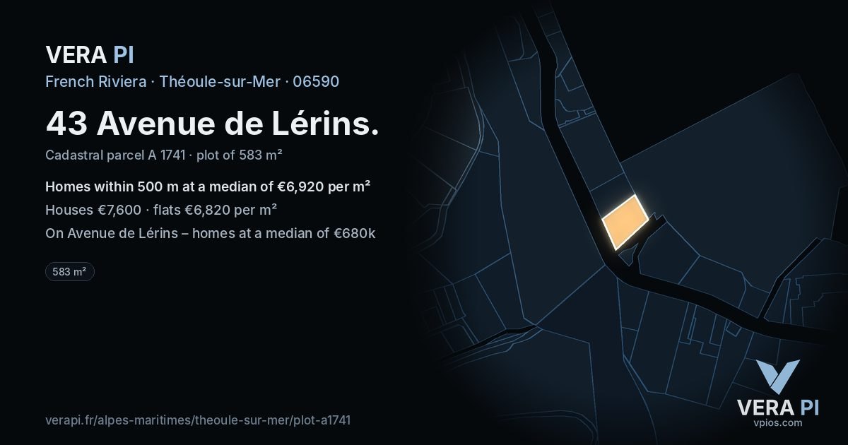 43 Avenue de Lérins, Théoule-sur-Mer at night – the plot lit, the parcels around coloured by the prices near them