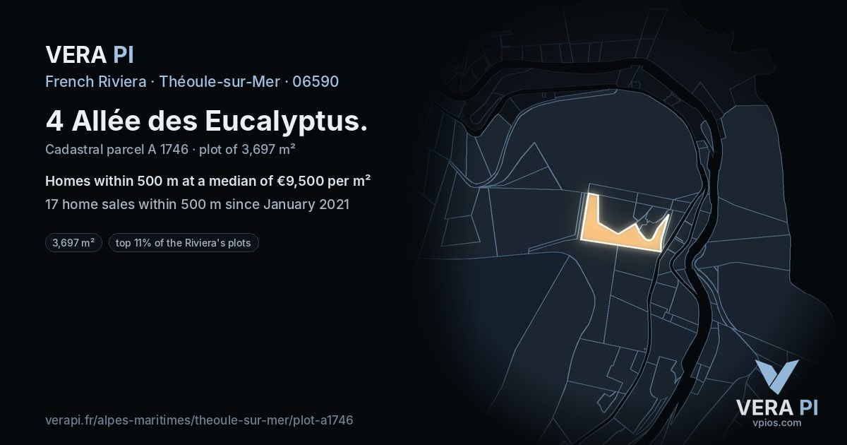 4 Allée des Eucalyptus, Théoule-sur-Mer at night – the plot lit, the parcels around coloured by the prices near them