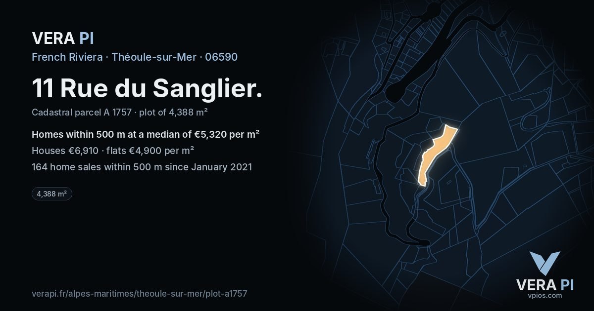 11 Rue du Sanglier, Théoule-sur-Mer at night – the plot lit, the parcels around coloured by the prices near them