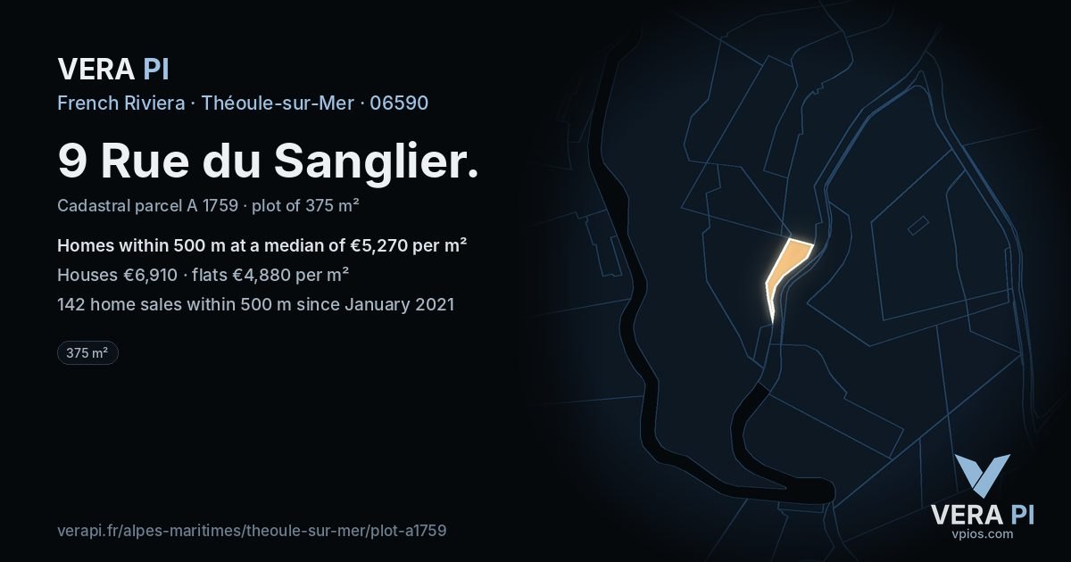 9 Rue du Sanglier, Théoule-sur-Mer at night – the plot lit, the parcels around coloured by the prices near them