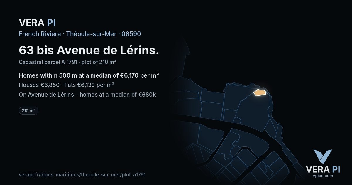 63 bis Avenue de Lérins, Théoule-sur-Mer at night – the plot lit, the parcels around coloured by the prices near them