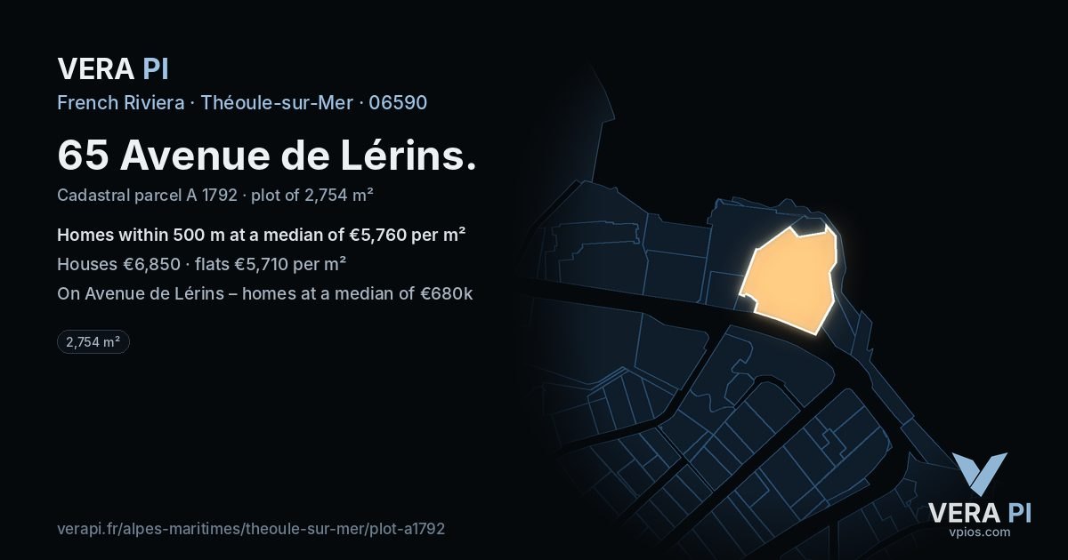 65 Avenue de Lérins, Théoule-sur-Mer at night – the plot lit, the parcels around coloured by the prices near them