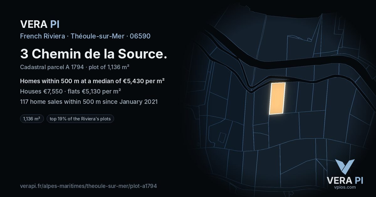 3 Chemin de la Source, Théoule-sur-Mer at night – the plot lit, the parcels around coloured by the prices near them