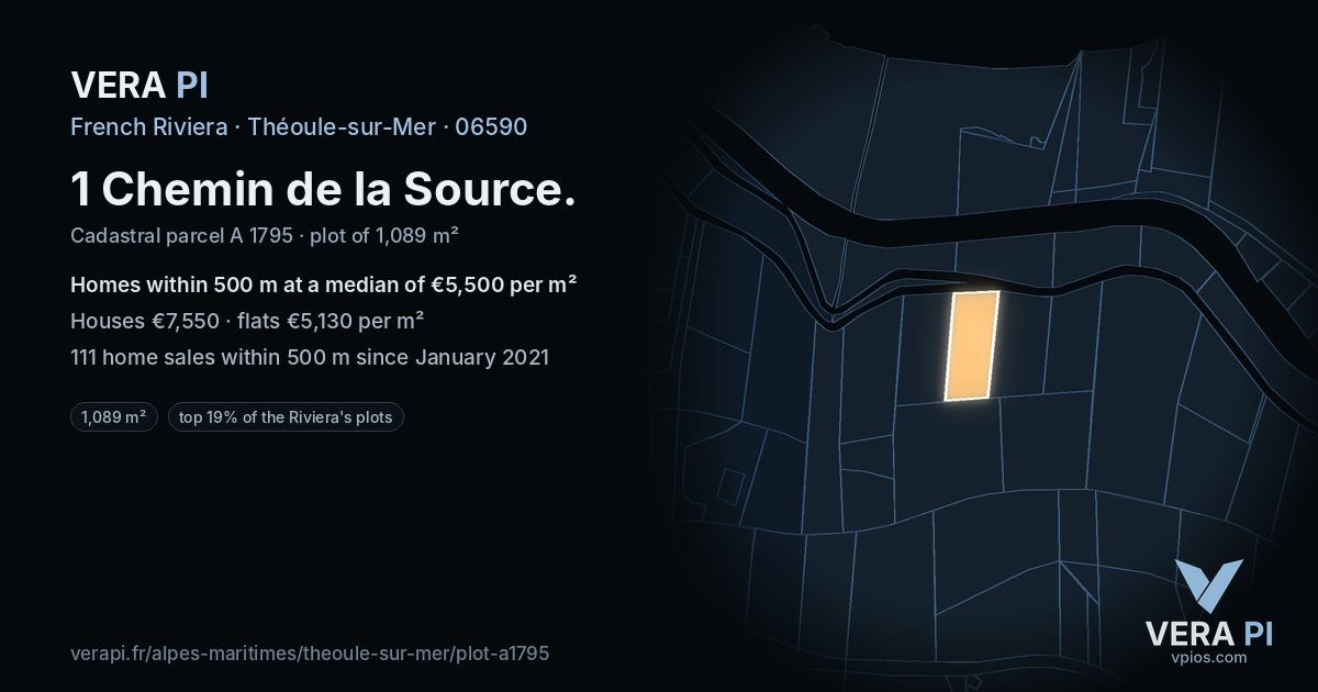 1 Chemin de la Source, Théoule-sur-Mer at night – the plot lit, the parcels around coloured by the prices near them