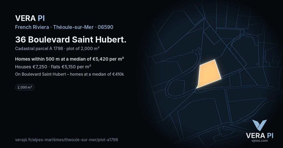 36 Boulevard Saint Hubert, Théoule-sur-Mer at night – the plot lit, the parcels around coloured by the prices near them