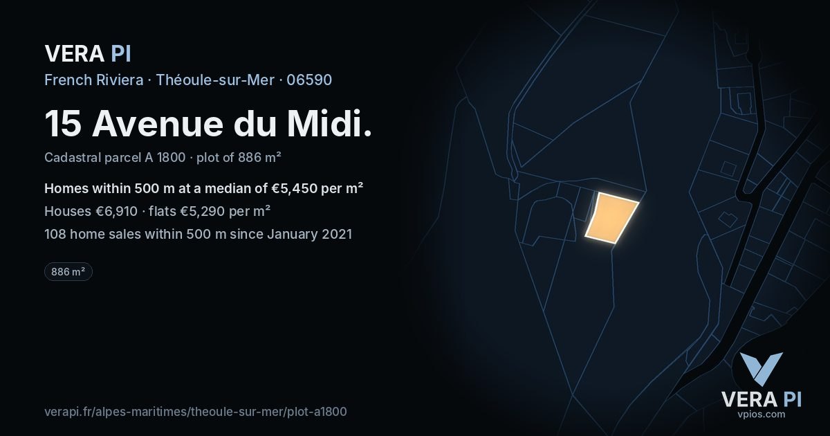 15 Avenue du Midi, Théoule-sur-Mer at night – the plot lit, the parcels around coloured by the prices near them