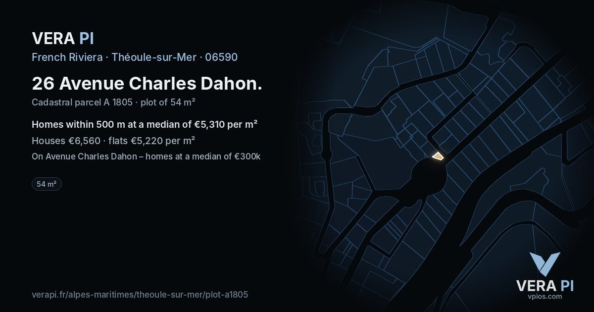 26 Avenue Charles Dahon, Théoule-sur-Mer at night – the plot lit, the parcels around coloured by the prices near them
