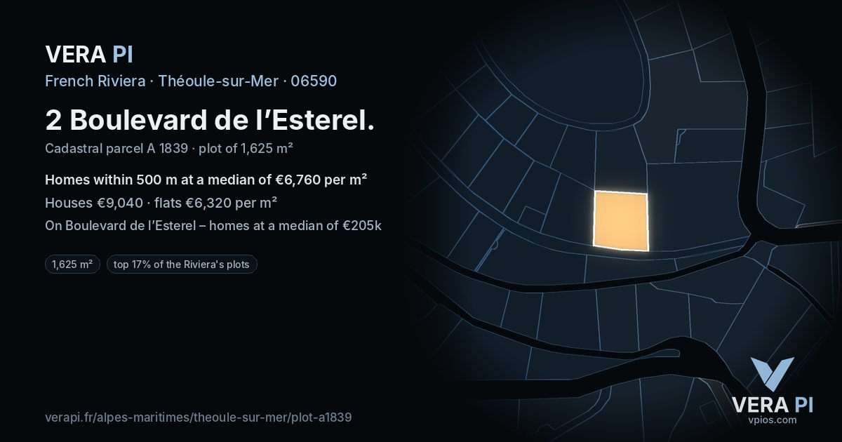 2 Boulevard de l’Esterel, Théoule-sur-Mer at night – the plot lit, the parcels around coloured by the prices near them