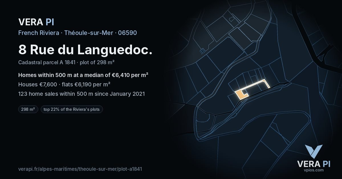 8 Rue du Languedoc, Théoule-sur-Mer at night – the plot lit, the parcels around coloured by the prices near them