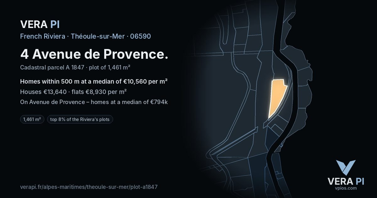 4 Avenue de Provence, Théoule-sur-Mer at night – the plot lit, the parcels around coloured by the prices near them