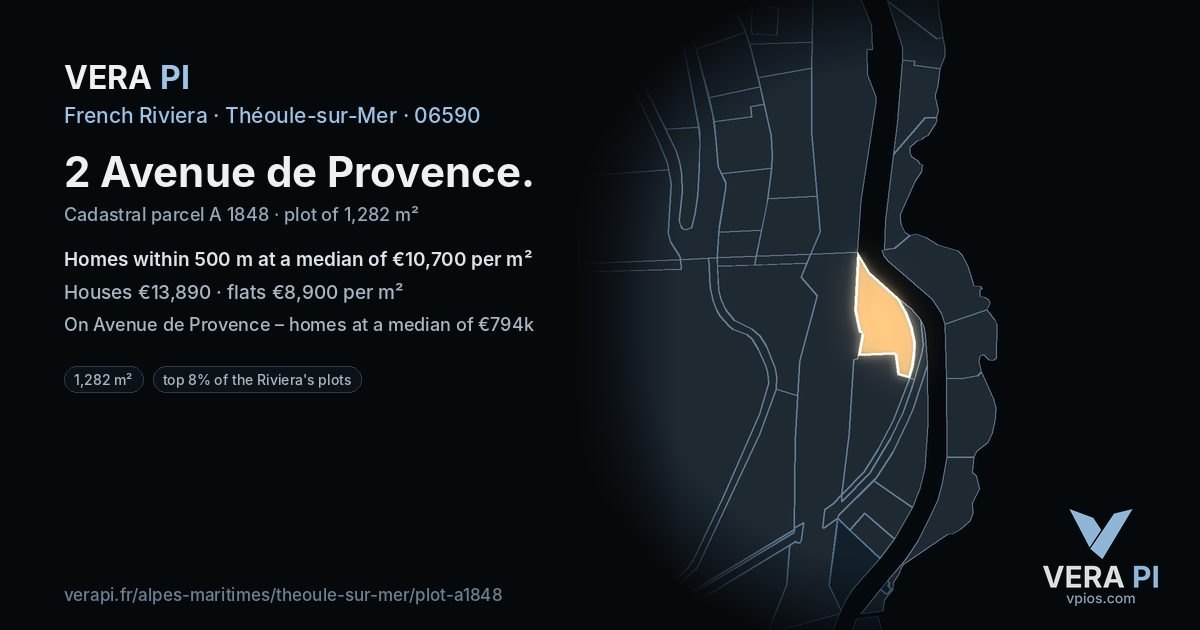 2 Avenue de Provence, Théoule-sur-Mer at night – the plot lit, the parcels around coloured by the prices near them