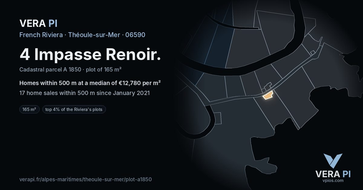 4 Impasse Renoir, Théoule-sur-Mer at night – the plot lit, the parcels around coloured by the prices near them