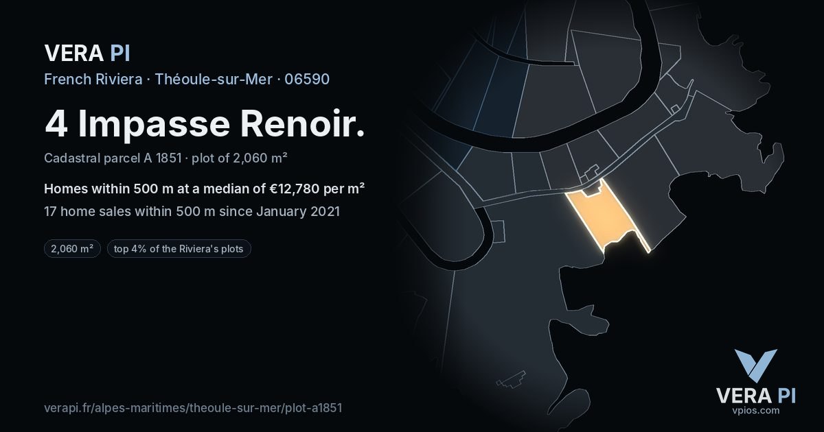 4 Impasse Renoir, Théoule-sur-Mer at night – the plot lit, the parcels around coloured by the prices near them