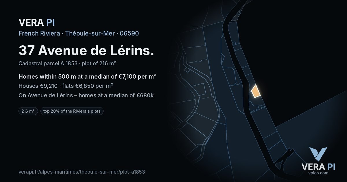 37 Avenue de Lérins, Théoule-sur-Mer at night – the plot lit, the parcels around coloured by the prices near them
