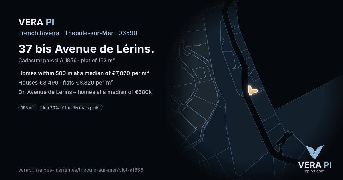 37 bis Avenue de Lérins, Théoule-sur-Mer at night – the plot lit, the parcels around coloured by the prices near them