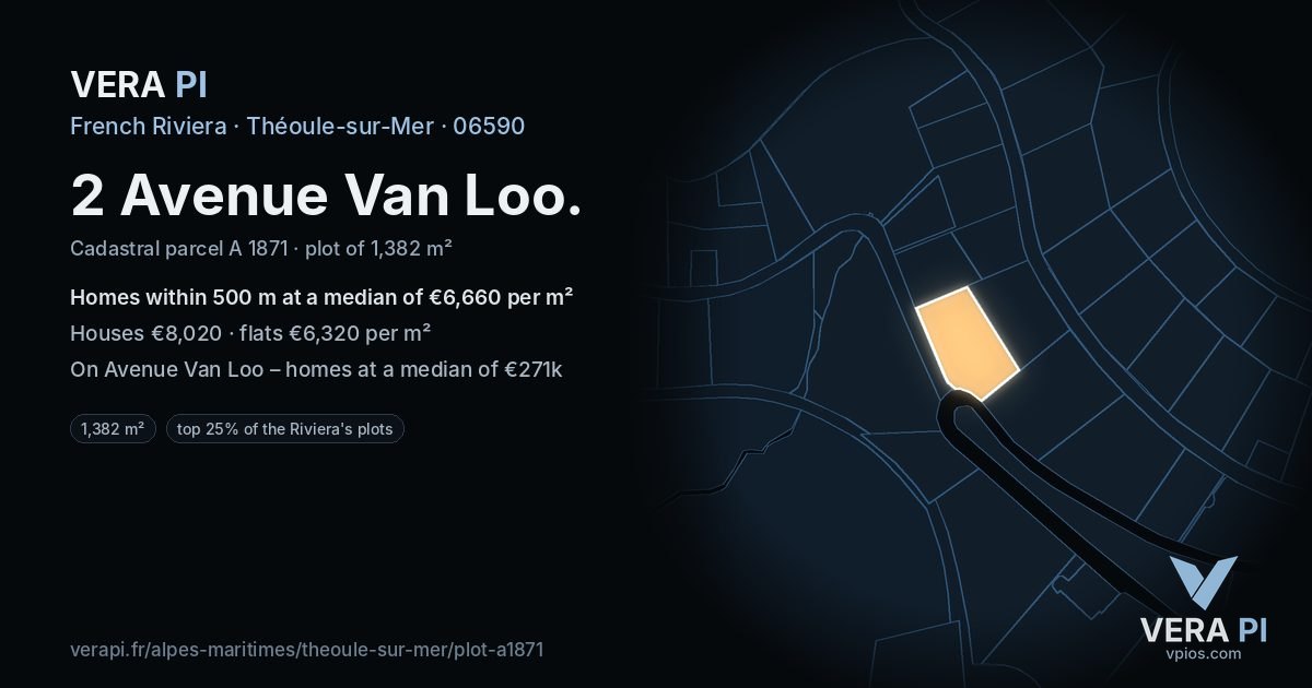 2 Avenue Van Loo, Théoule-sur-Mer at night – the plot lit, the parcels around coloured by the prices near them