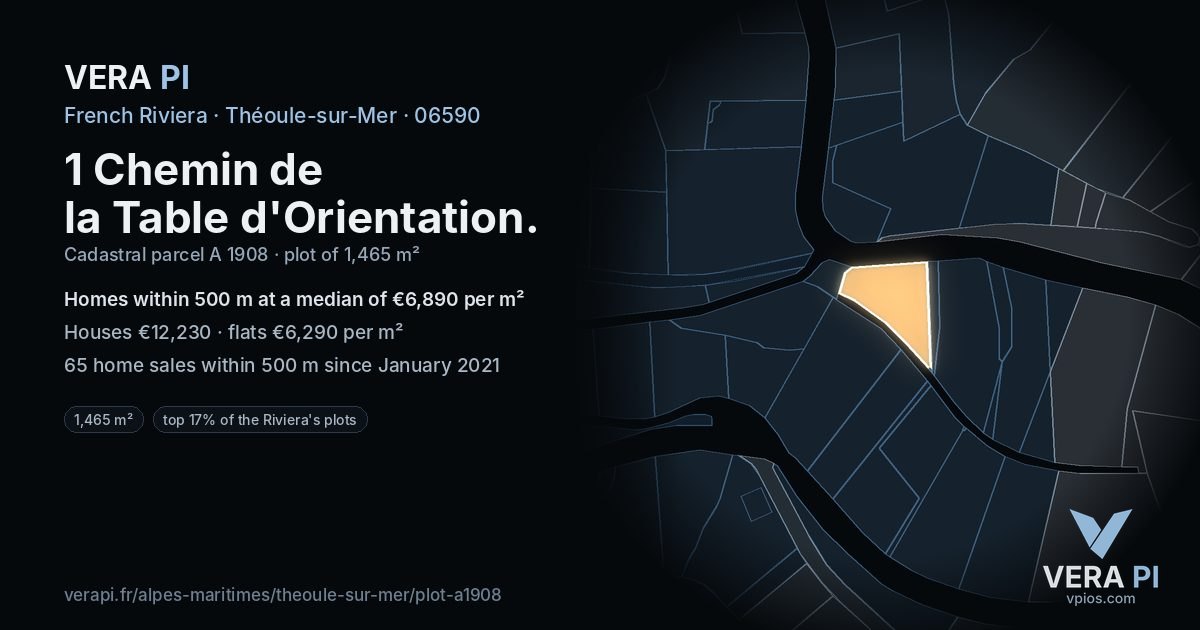1 Chemin de la Table d'Orientation, Théoule-sur-Mer at night – the plot lit, the parcels around coloured by the prices near them
