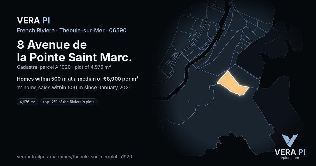 8 Avenue de la Pointe Saint Marc, Théoule-sur-Mer at night – the plot lit, the parcels around coloured by the prices near them