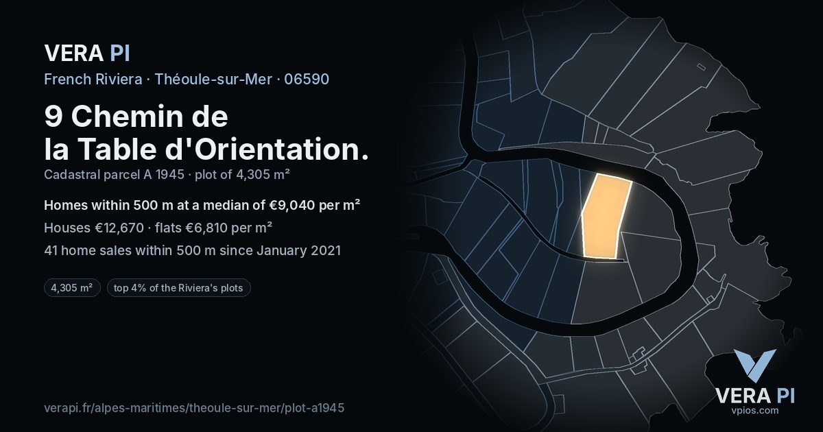 9 Chemin de la Table d'Orientation, Théoule-sur-Mer at night – the plot lit, the parcels around coloured by the prices near them