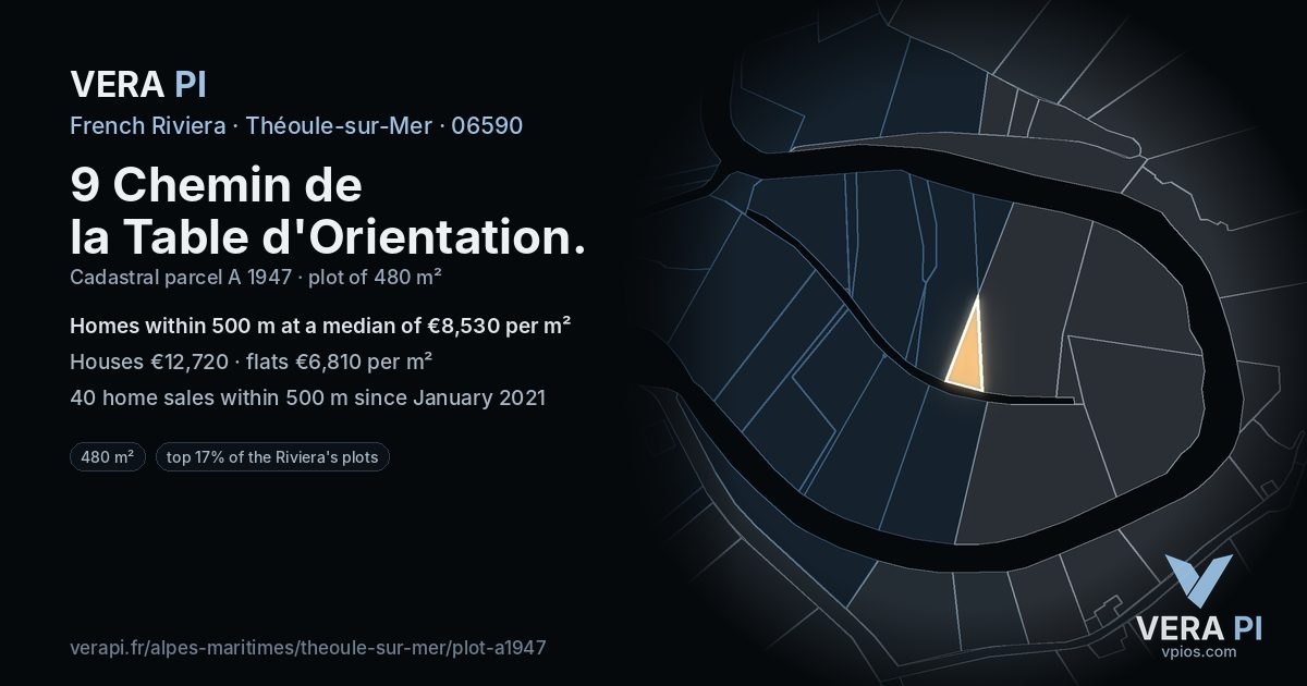9 Chemin de la Table d'Orientation, Théoule-sur-Mer at night – the plot lit, the parcels around coloured by the prices near them