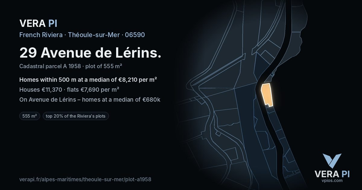 29 Avenue de Lérins, Théoule-sur-Mer at night – the plot lit, the parcels around coloured by the prices near them