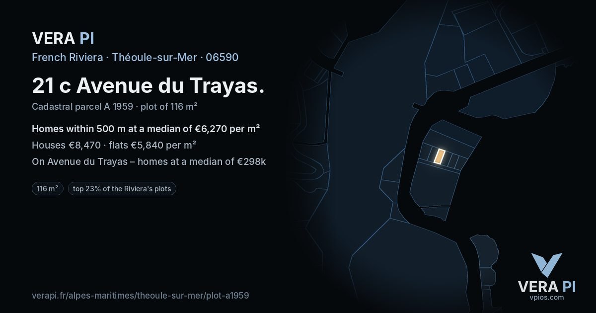 21 c Avenue du Trayas, Théoule-sur-Mer at night – the plot lit, the parcels around coloured by the prices near them