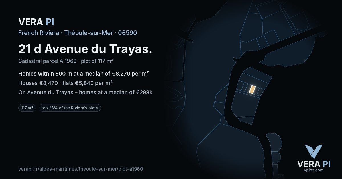 21 d Avenue du Trayas, Théoule-sur-Mer at night – the plot lit, the parcels around coloured by the prices near them