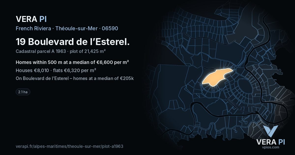 19 Boulevard de l’Esterel, Théoule-sur-Mer at night – the plot lit, the parcels around coloured by the prices near them