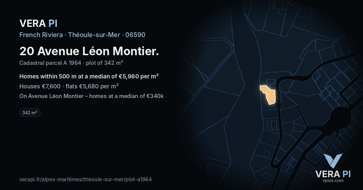20 Avenue Léon Montier, Théoule-sur-Mer at night – the plot lit, the parcels around coloured by the prices near them