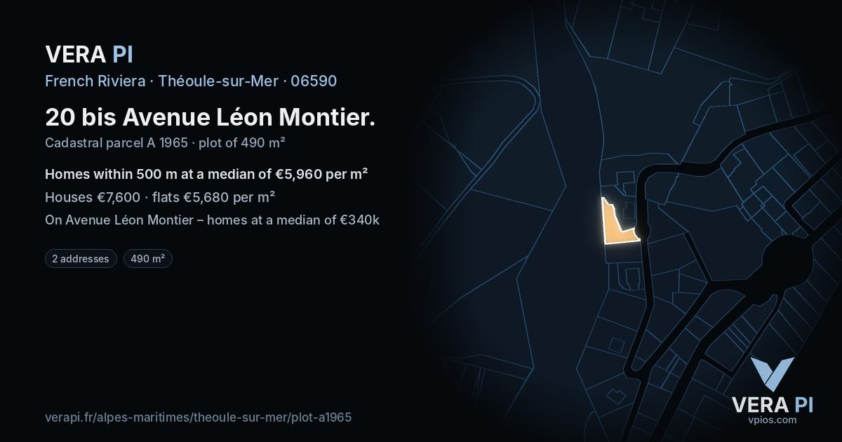 20 bis Avenue Léon Montier, Théoule-sur-Mer at night – the plot lit, the parcels around coloured by the prices near them