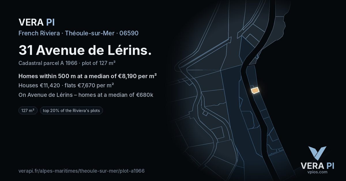 31 Avenue de Lérins, Théoule-sur-Mer at night – the plot lit, the parcels around coloured by the prices near them