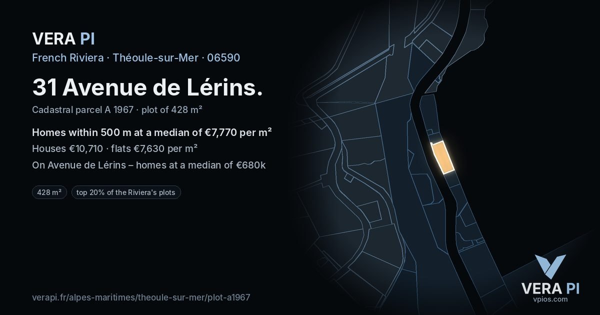 31 Avenue de Lérins, Théoule-sur-Mer at night – the plot lit, the parcels around coloured by the prices near them