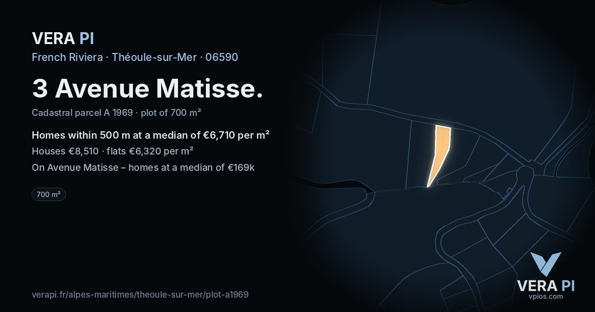 3 Avenue Matisse, Théoule-sur-Mer at night – the plot lit, the parcels around coloured by the prices near them