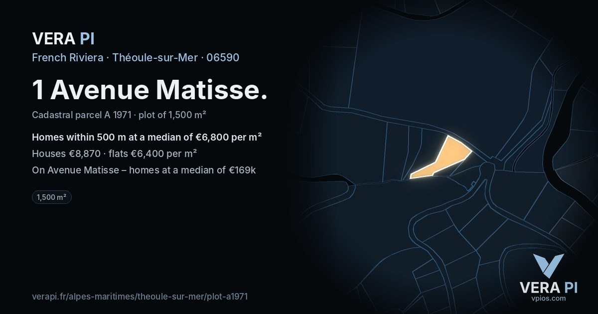 1 Avenue Matisse, Théoule-sur-Mer at night – the plot lit, the parcels around coloured by the prices near them