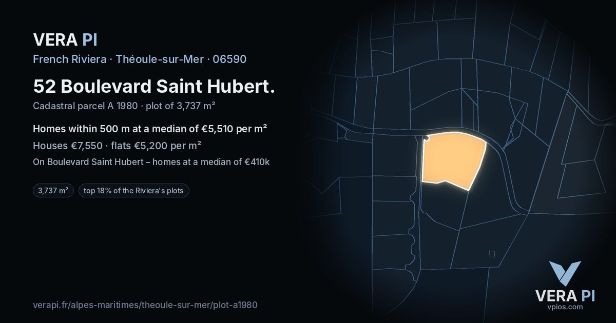 52 Boulevard Saint Hubert, Théoule-sur-Mer at night – the plot lit, the parcels around coloured by the prices near them